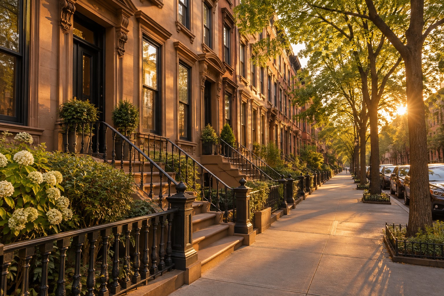 A New York City brownstone street at golden hour, illustrative