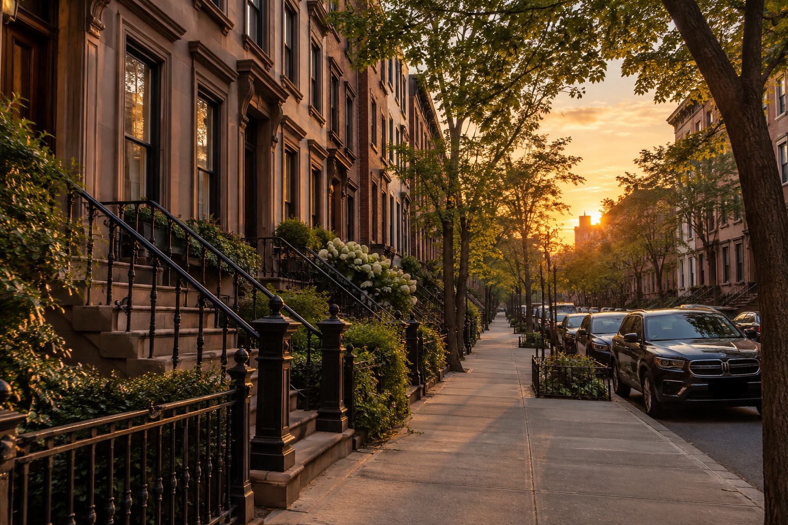 A New York City street at sunset, illustrative
