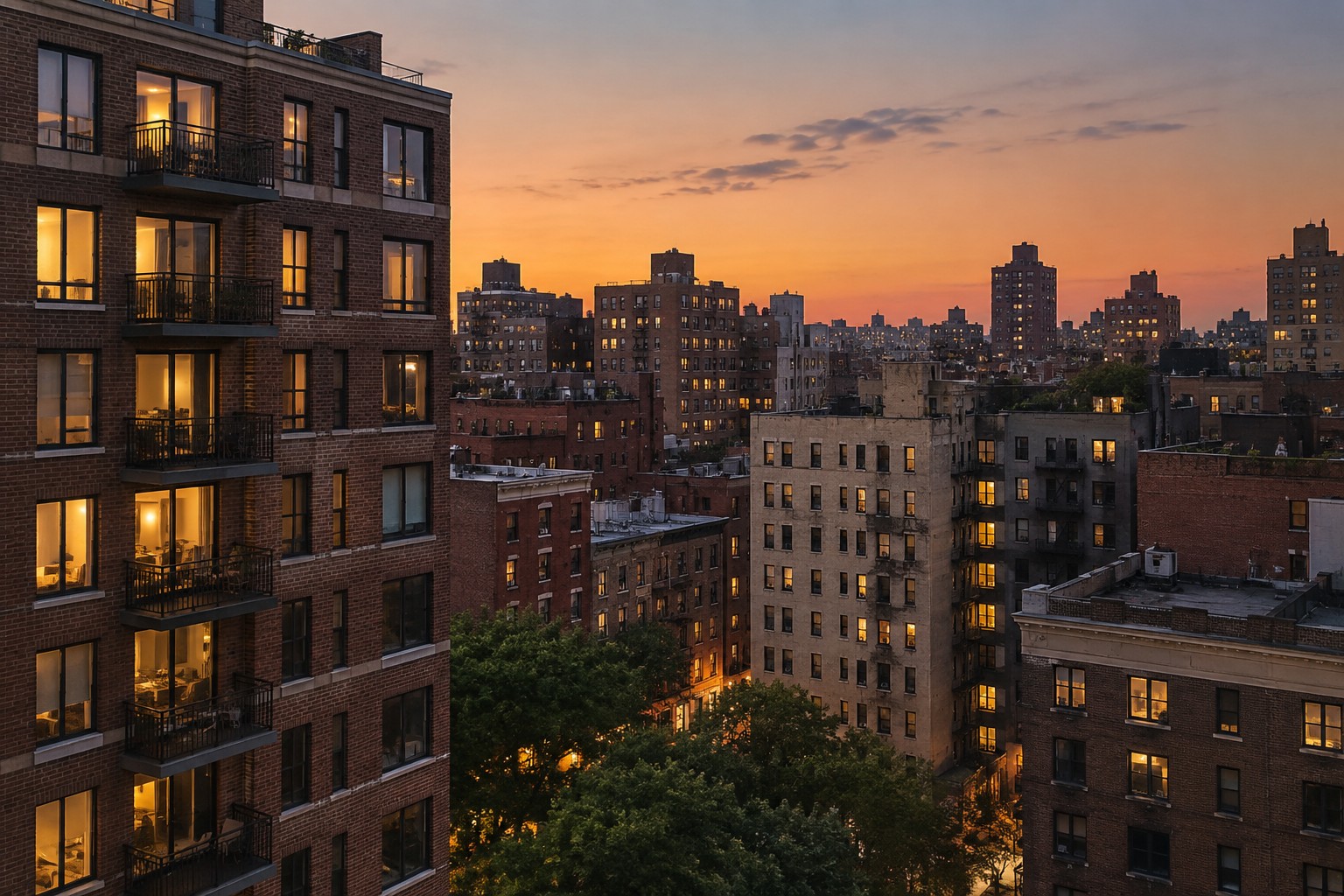 A New York City building exterior at dusk, illustrative