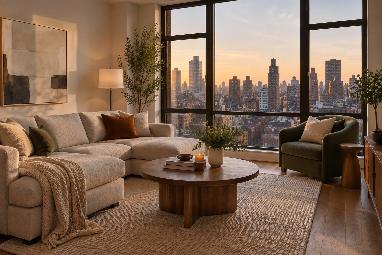 A cozy New York City living room, illustrative