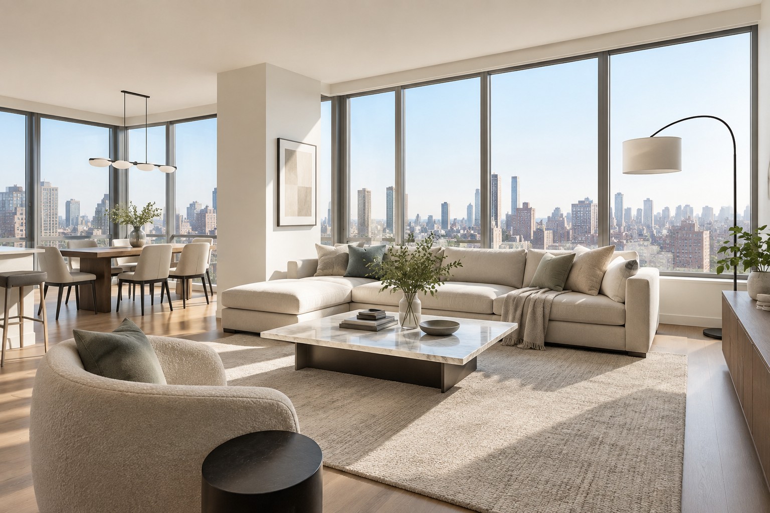 A bright New York City apartment interior, illustrative
